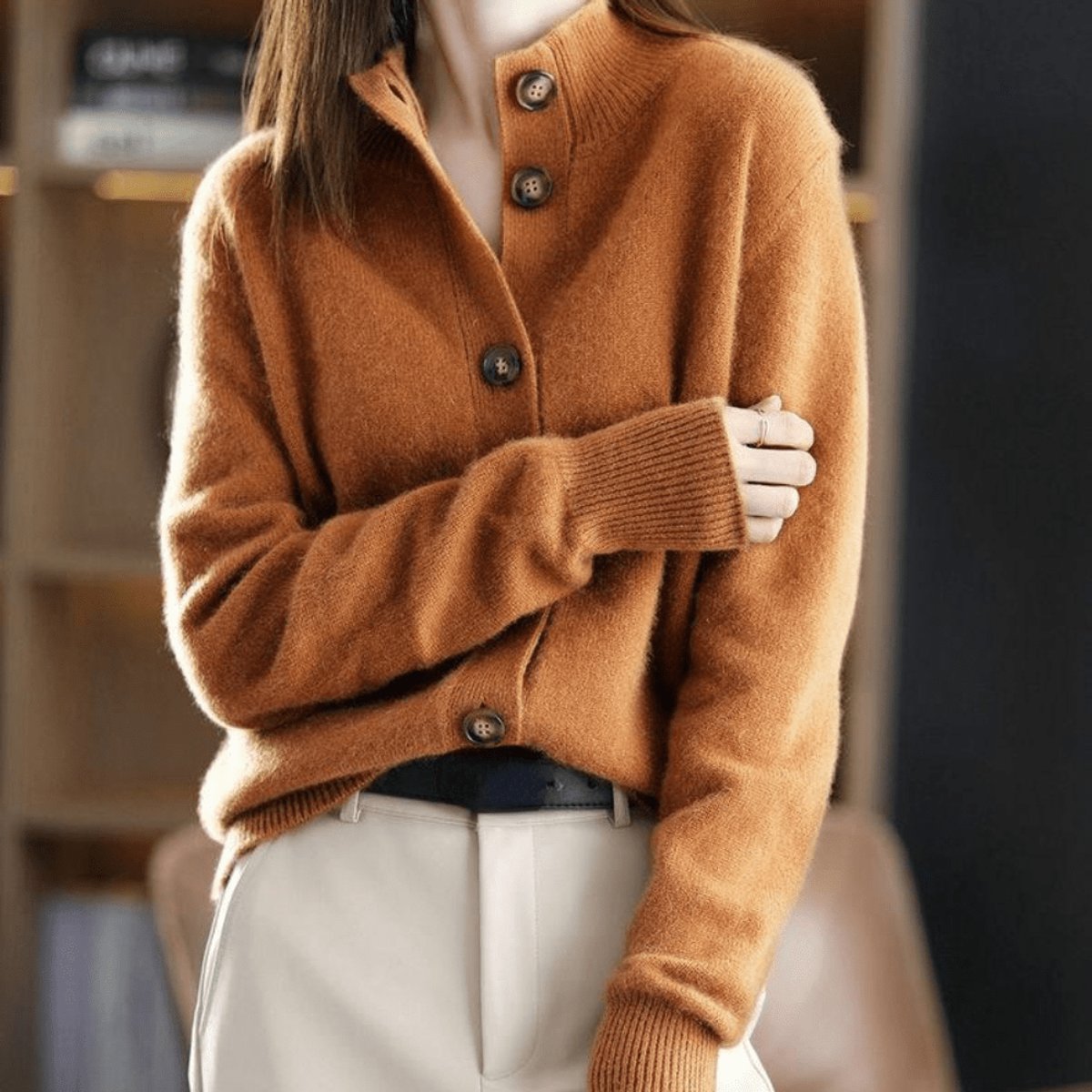 Evelyn | Women's Mock-Neck Button-Front Cashmere Blend Cardigan