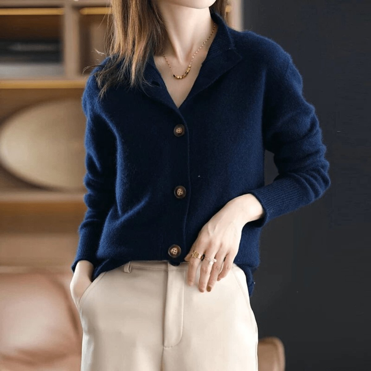 Evelyn | Women's Mock-Neck Button-Front Cashmere Blend Cardigan