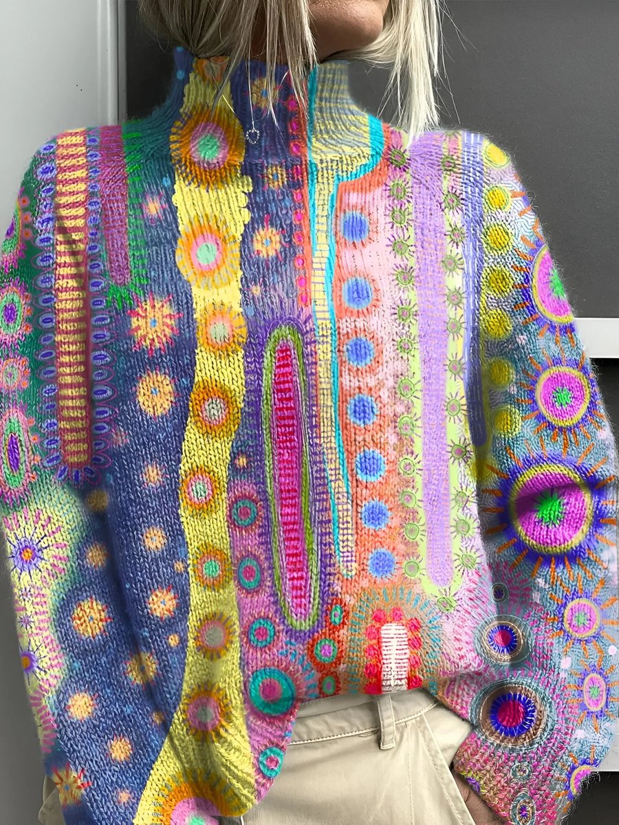 Freya | Women's Multicolour Abstract Knit Turtleneck Sweater