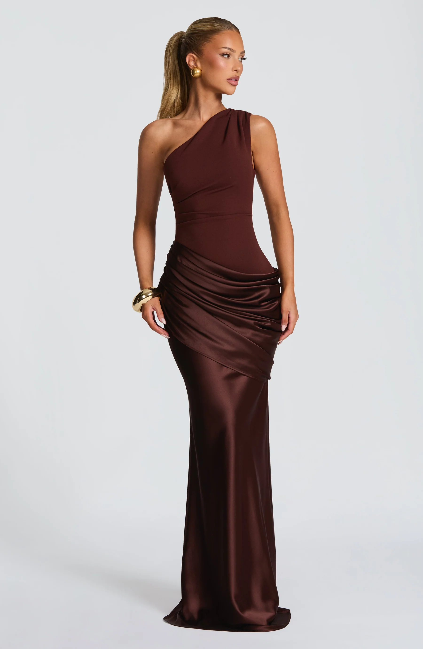 Women's One-Shoulder Satin Finish Maxi Dress