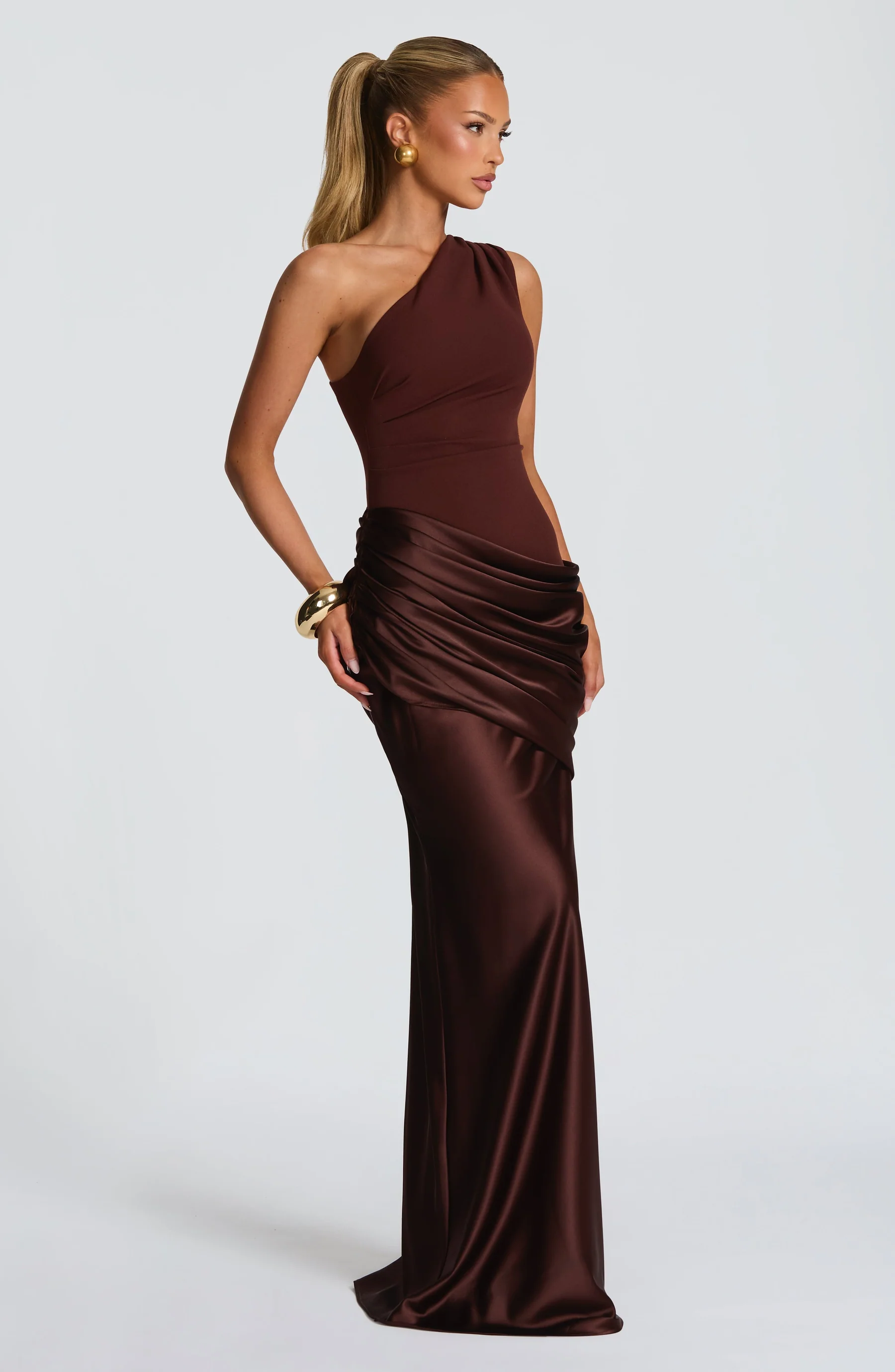 Women's One-Shoulder Satin Finish Maxi Dress
