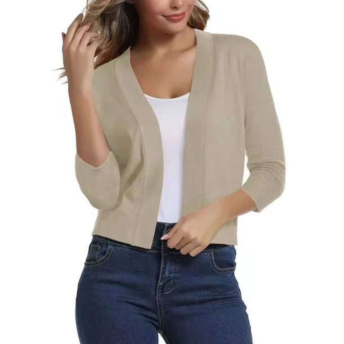 Isla | Women's Open-Front Three-Quarter Sleeve Cropped Cardigan