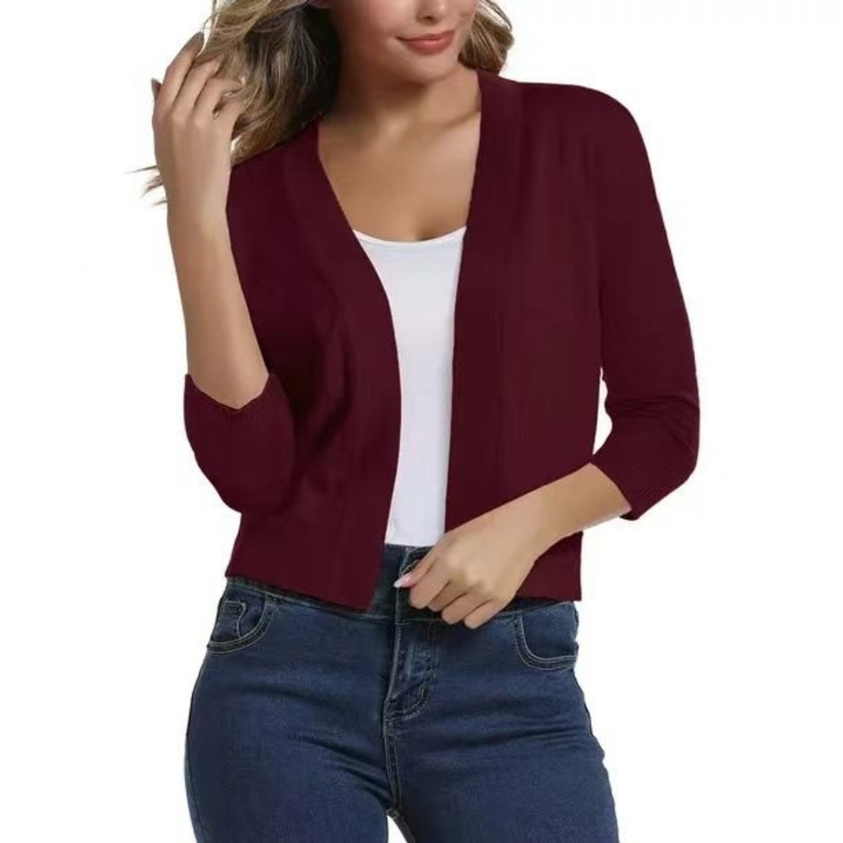 Isla | Women's Open-Front Three-Quarter Sleeve Cropped Cardigan