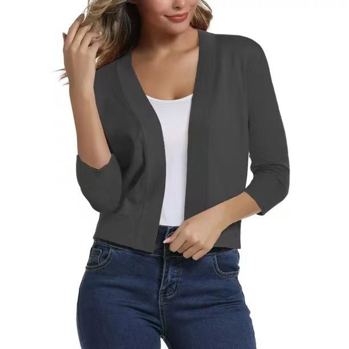 Isla | Women's Open-Front Three-Quarter Sleeve Cropped Cardigan