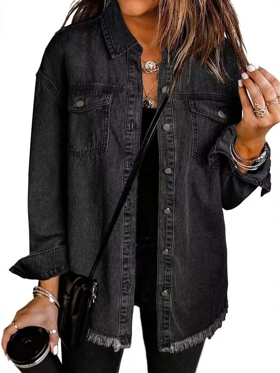 Olivia | Women's Oversized Black Denim Jacket Longline Frayed Hem