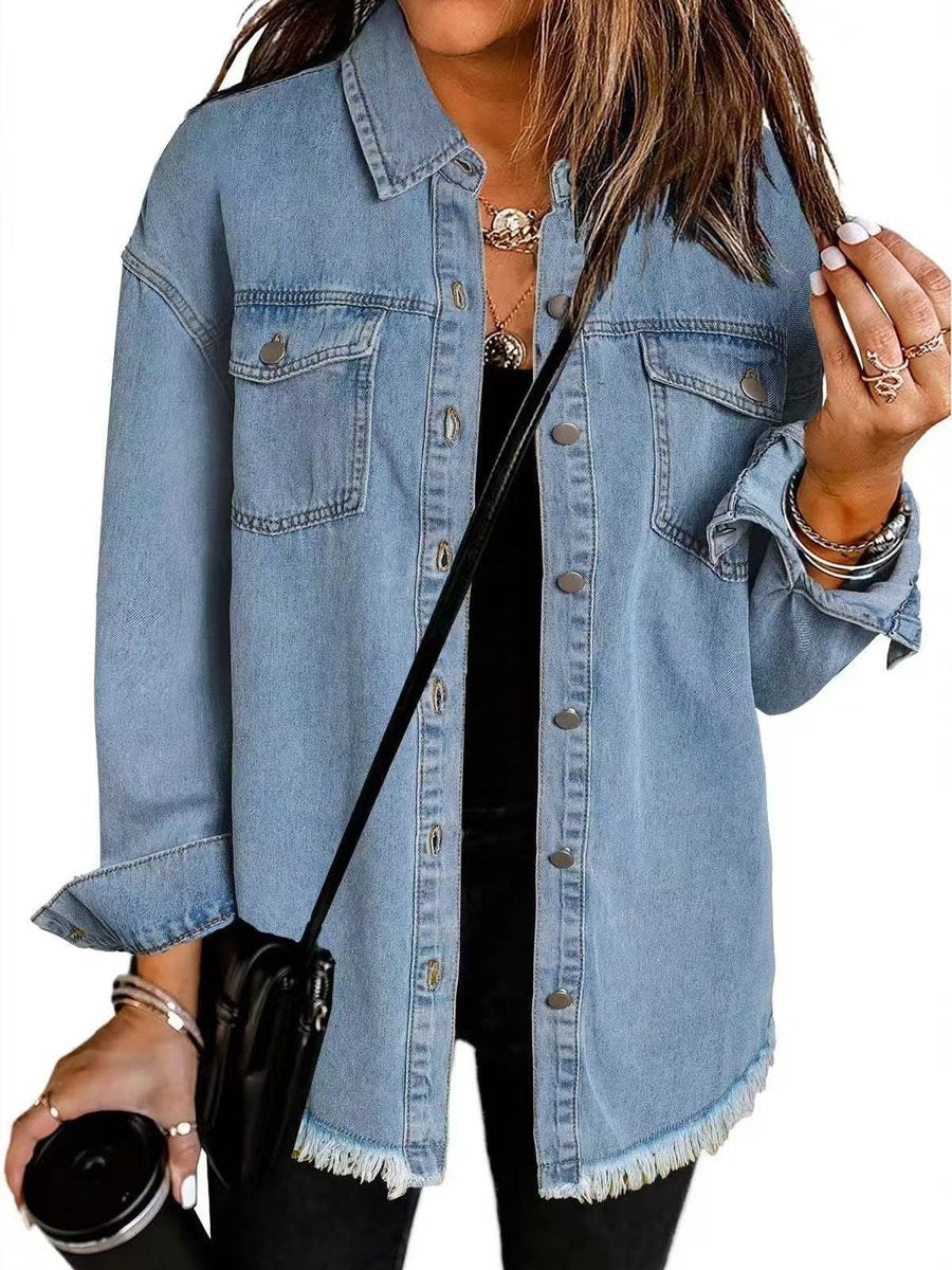 Olivia | Women's Oversized Black Denim Jacket Longline Frayed Hem