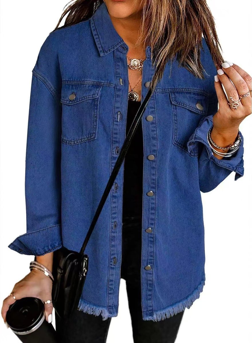 Olivia | Women's Oversized Black Denim Jacket Longline Frayed Hem