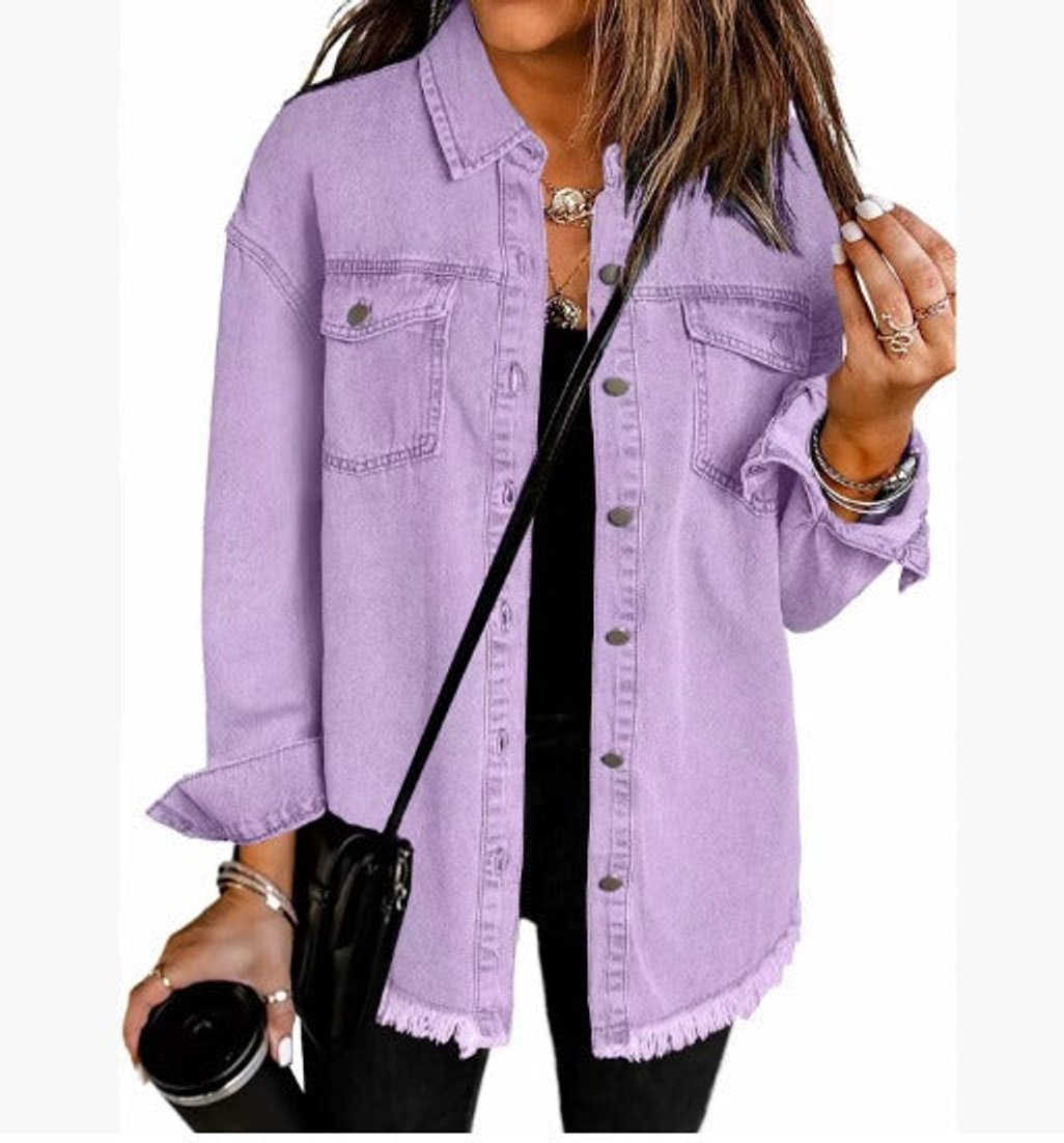 Olivia | Women's Oversized Black Denim Jacket Longline Frayed Hem
