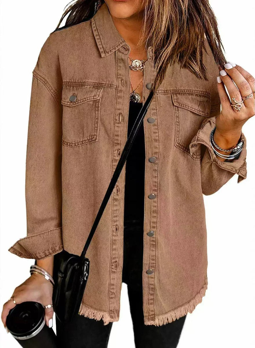 Olivia | Women's Oversized Black Denim Jacket Longline Frayed Hem