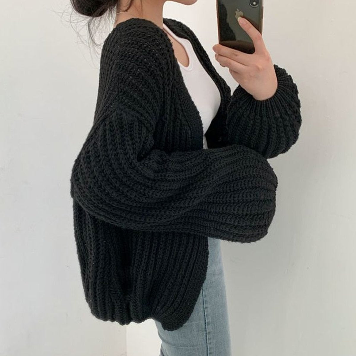 Ivy | Women's Oversized Chunky Knit Open Front Cardigan Balloon Sleeve