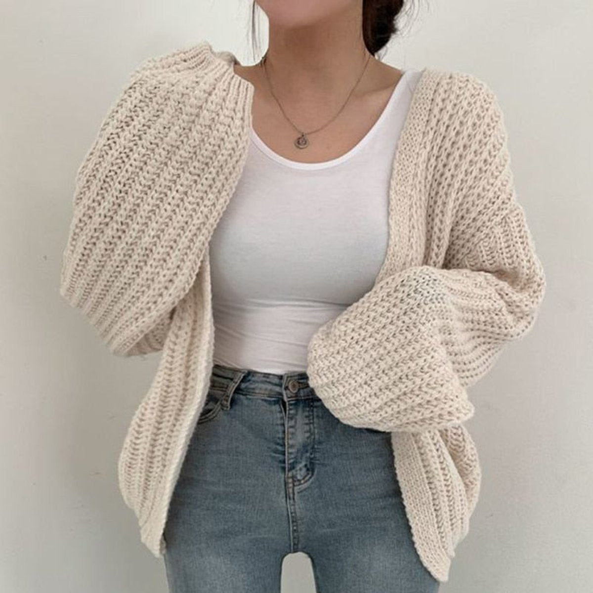 Ivy | Women's Oversized Chunky Knit Open Front Cardigan Balloon Sleeve