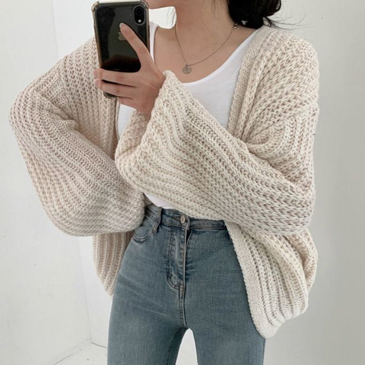 Ivy | Women's Oversized Chunky Knit Open Front Cardigan Balloon Sleeve