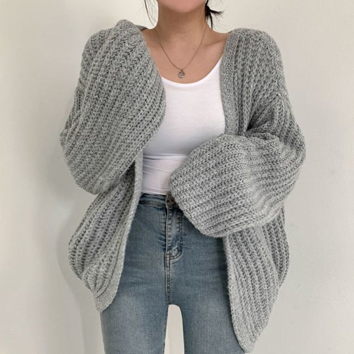 Ivy | Women's Oversized Chunky Knit Open Front Cardigan Balloon Sleeve