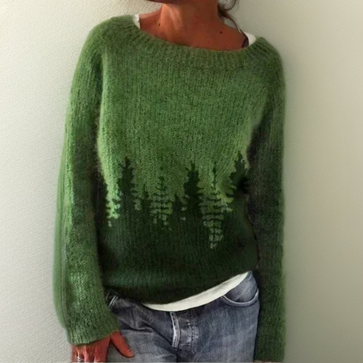 Freya | Women's Oversized Forest Print Knit Sweater Round Neck Jumper