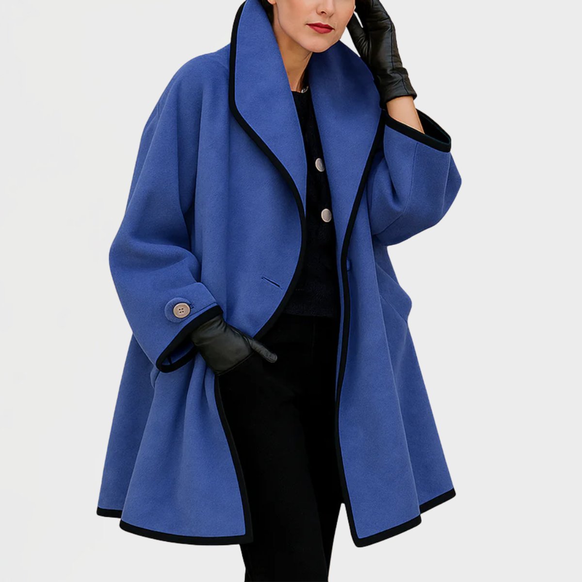 Aria | Women's Oversized Wool-Blend Swing Coat Black Contrast Trim