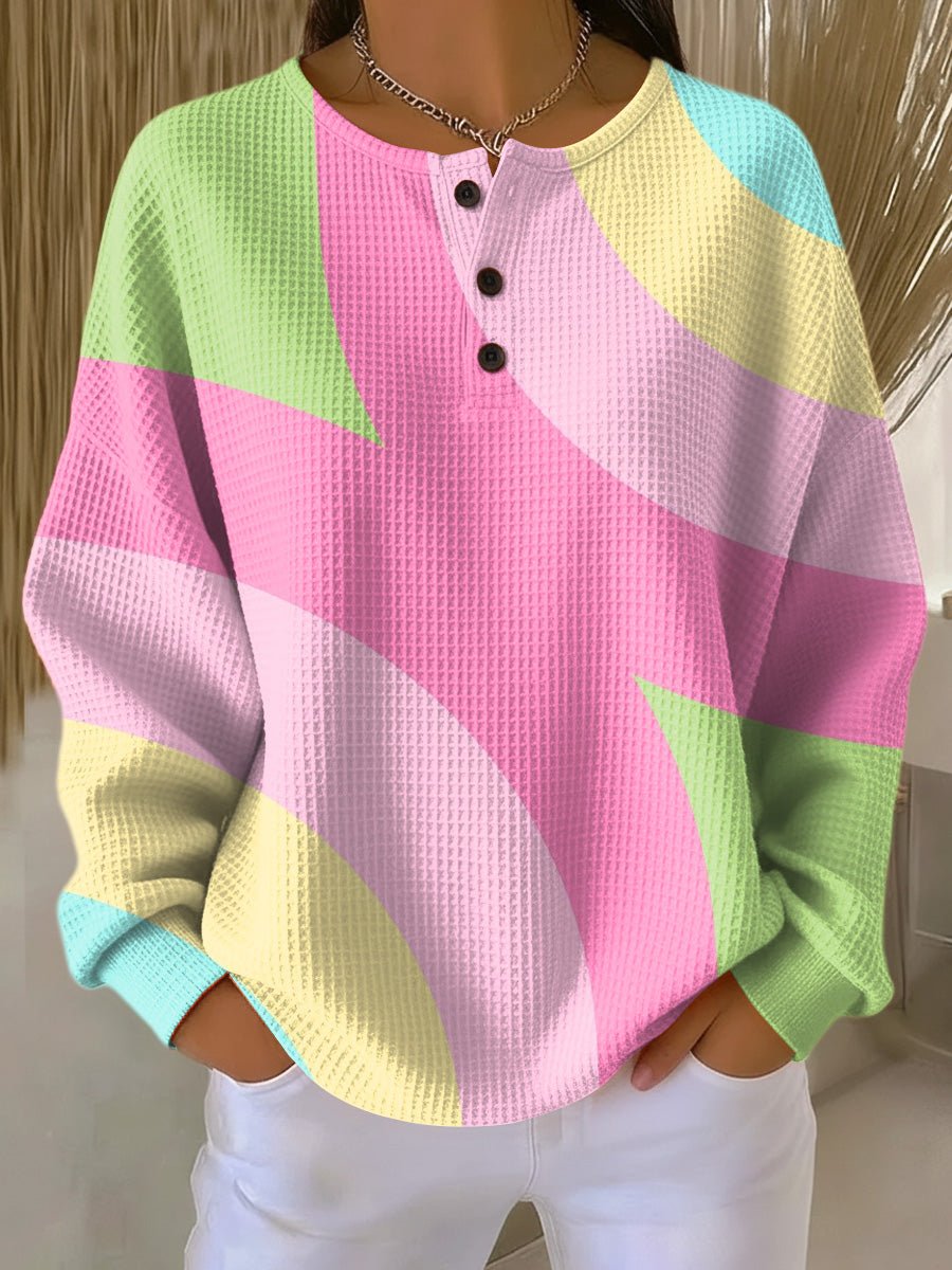 Scarlett | Women's Pastel Colour Block Waffle Knit Henley Pullover Sweater