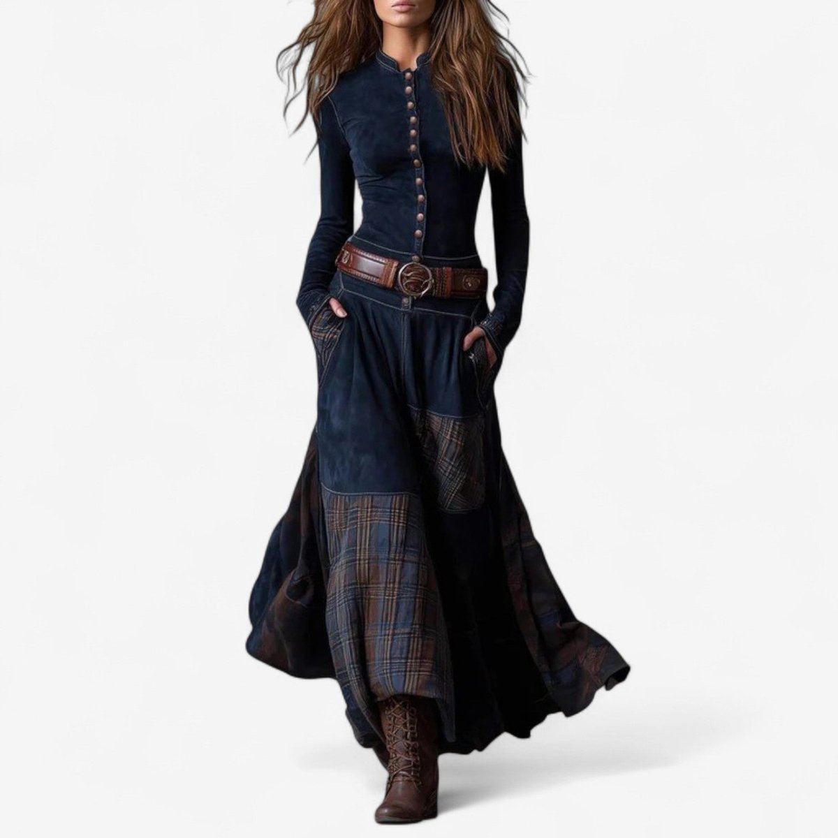 Lily | Women's Patchwork Plaid Maxi Long Sleeve Dress Button-Front