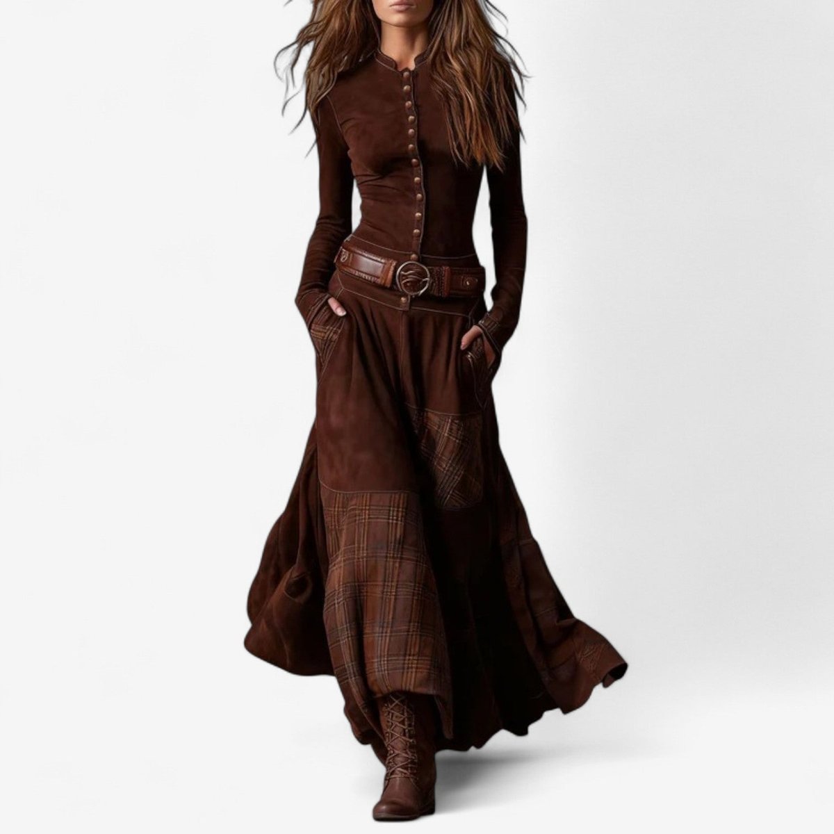 Lily | Women's Patchwork Plaid Maxi Long Sleeve Dress Button-Front