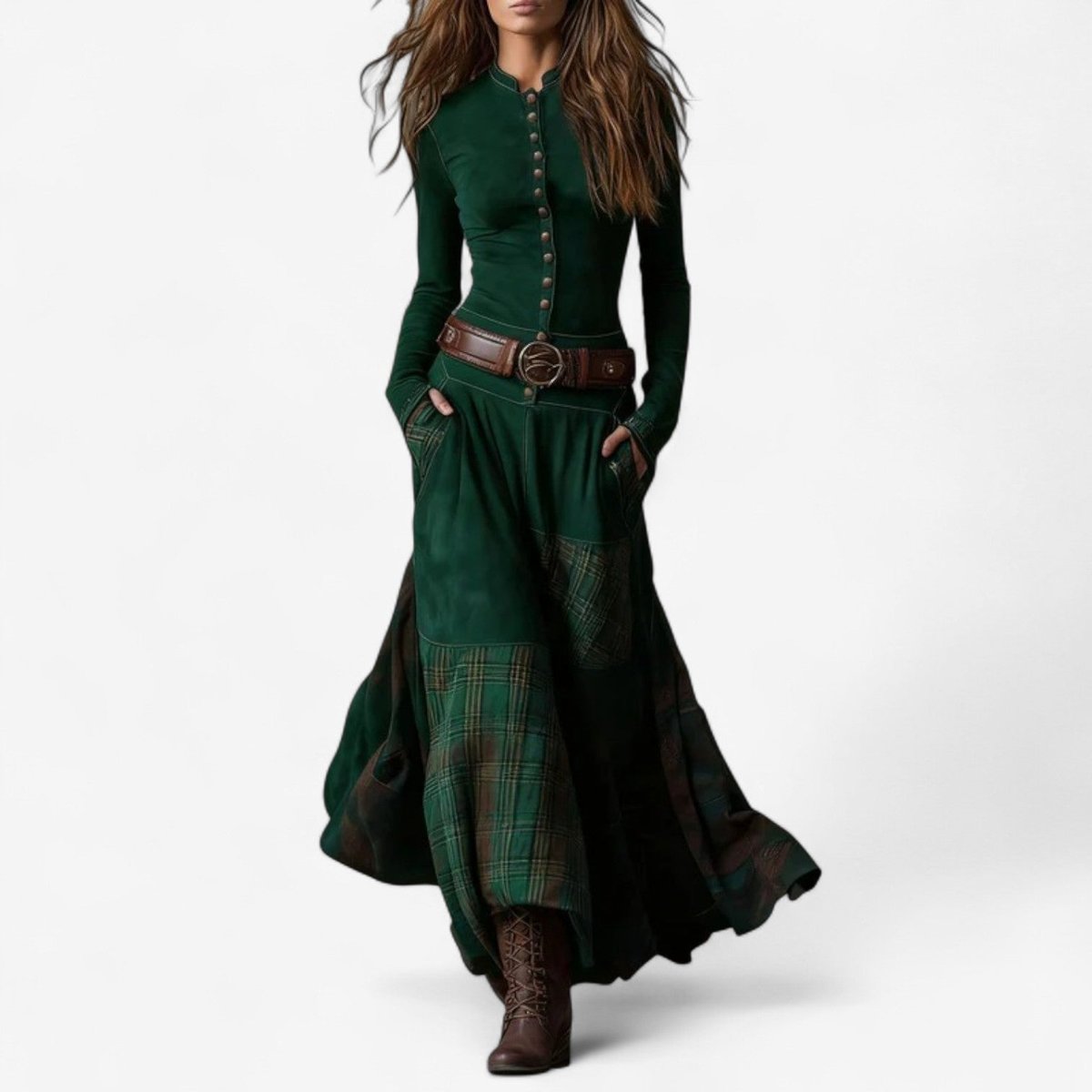 Lily | Women's Patchwork Plaid Maxi Long Sleeve Dress Button-Front