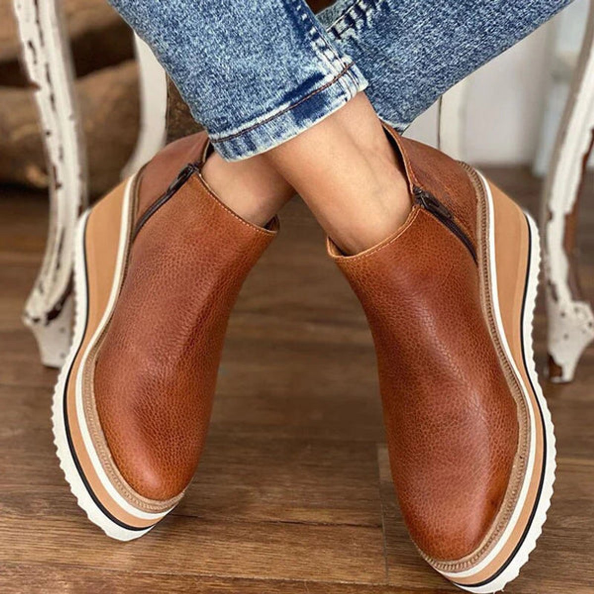 Lily | Women's Platform Wedge Zip-Up Leather Ankle Boots