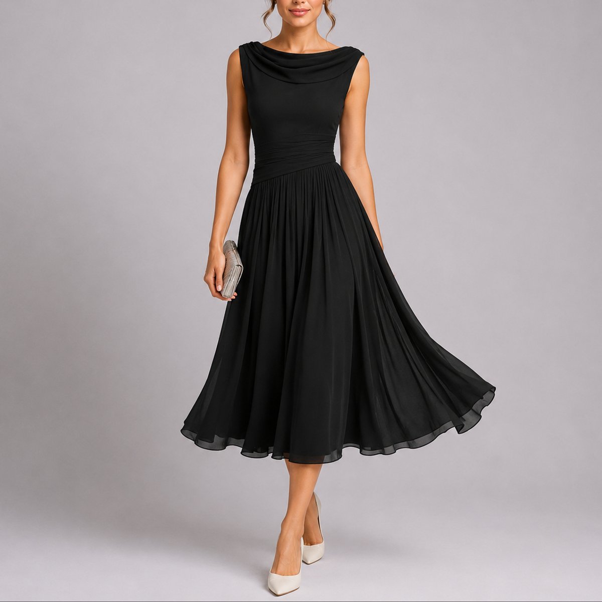 Phoebe | Women's Pleated Chiffon Midi Fall Wedding Guest Dress Draped Neck