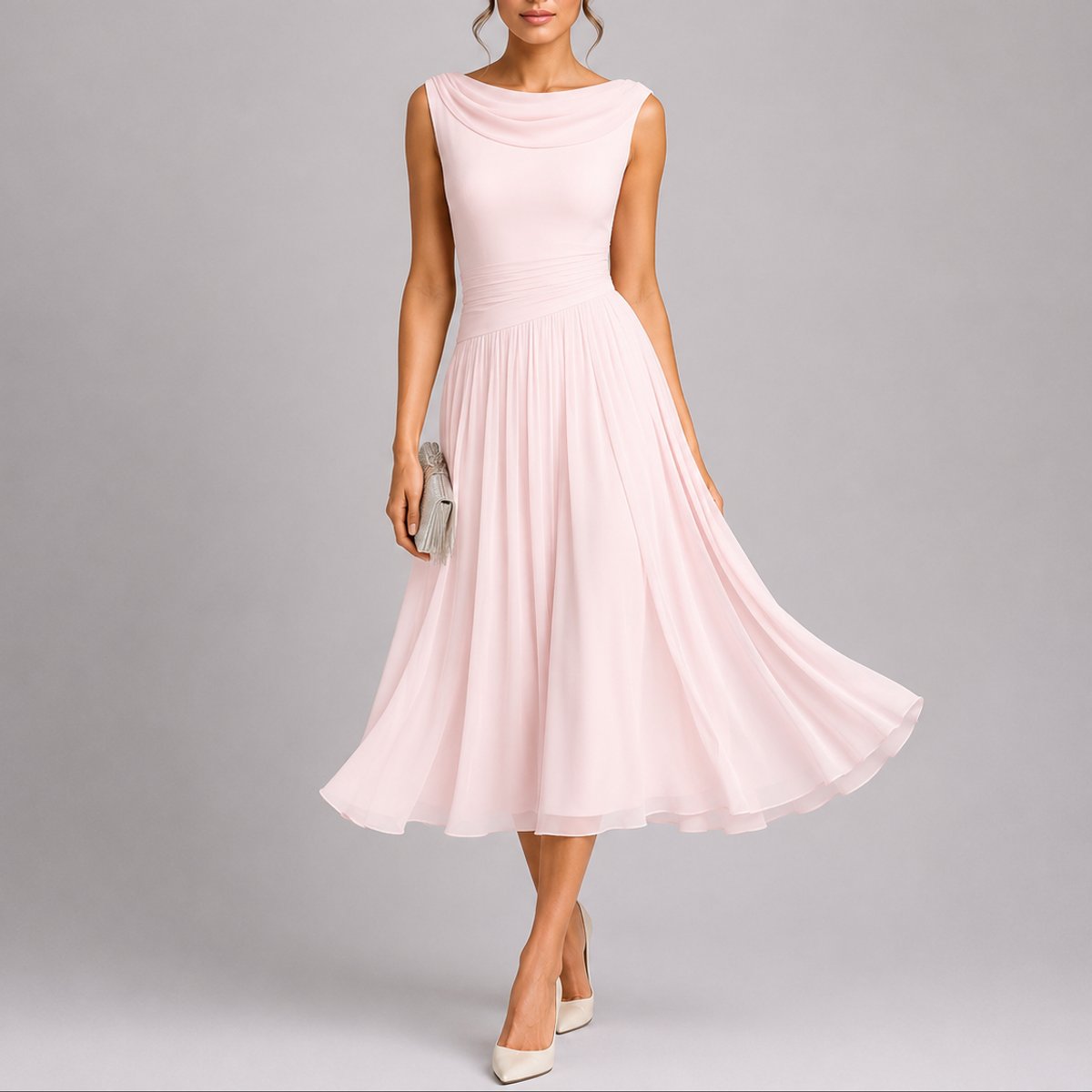 Phoebe | Women's Pleated Chiffon Midi Fall Wedding Guest Dress Draped Neck