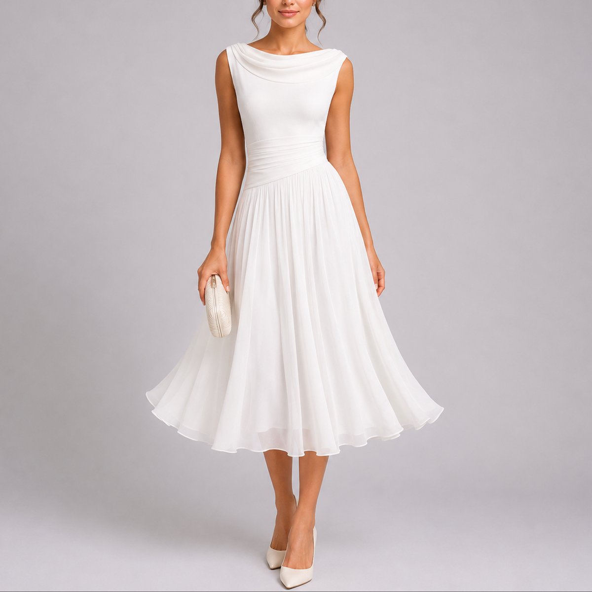 Phoebe | Women's Pleated Chiffon Midi Fall Wedding Guest Dress Draped Neck
