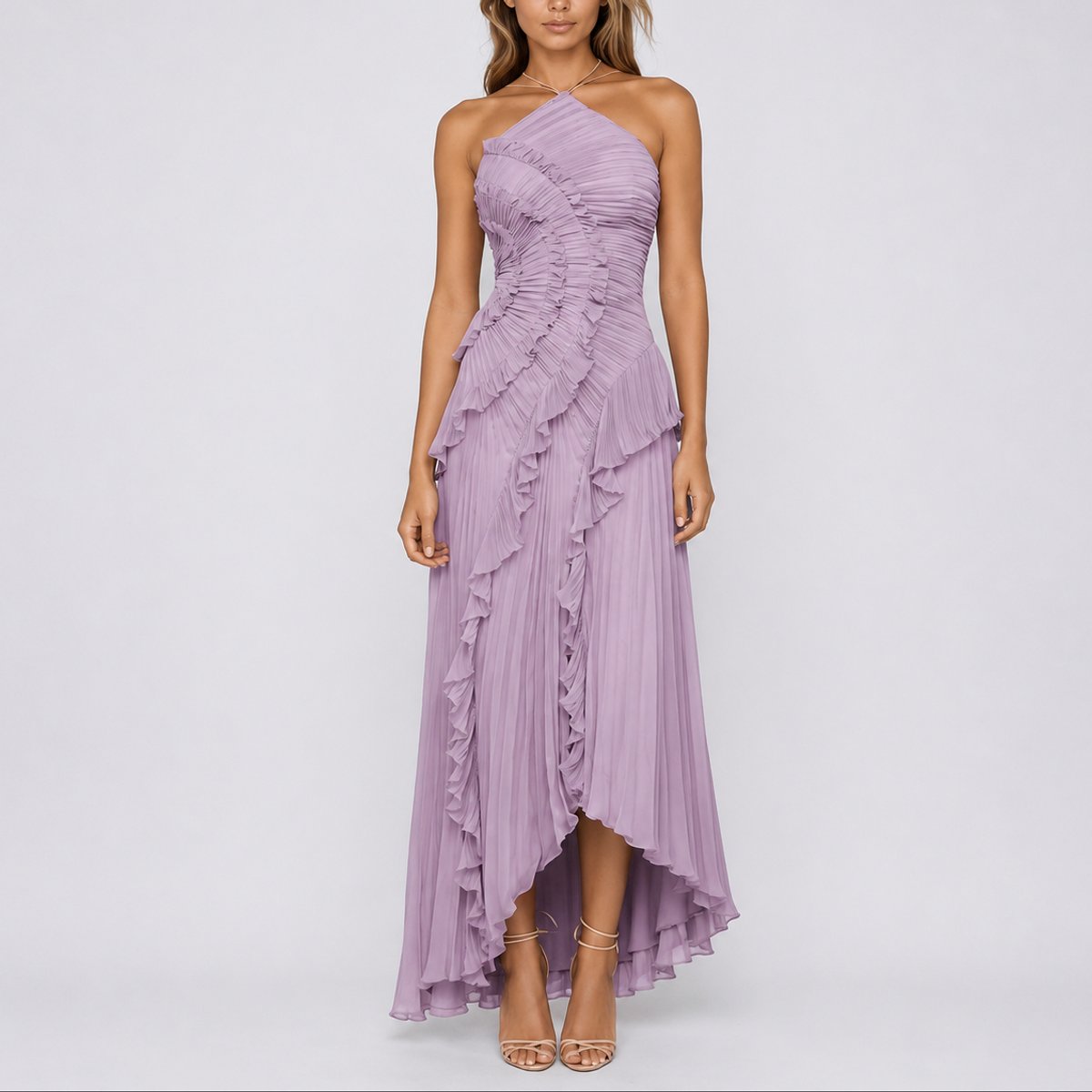 Evelyn | Women's Pleated Ruffle Halter Maxi Fall Wedding Guest Dresses