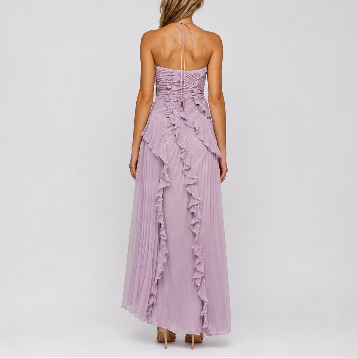 Evelyn | Women's Pleated Ruffle Halter Maxi Fall Wedding Guest Dresses