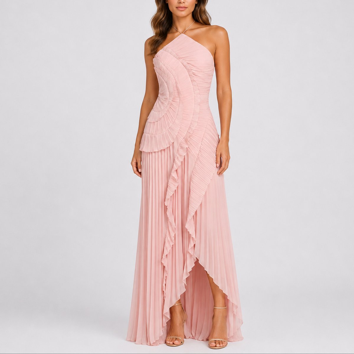 Evelyn | Women's Pleated Ruffle Halter Maxi Fall Wedding Guest Dresses