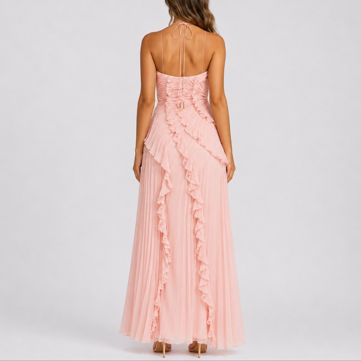 Evelyn | Women's Pleated Ruffle Halter Maxi Fall Wedding Guest Dresses