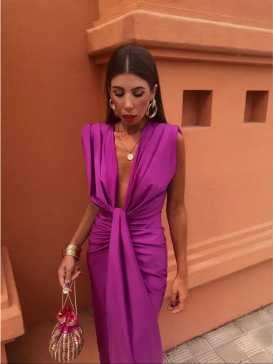 Grace | Women's Pleated Sleeveless Deep V-Neck Midi Dress