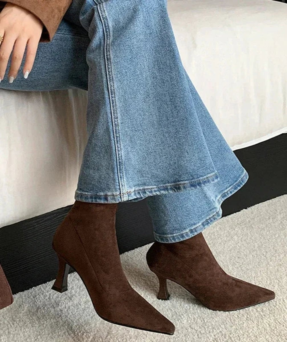 Ella | Women's Pointed Toe Sock Ankle Boots Kitten Heel Pull-On