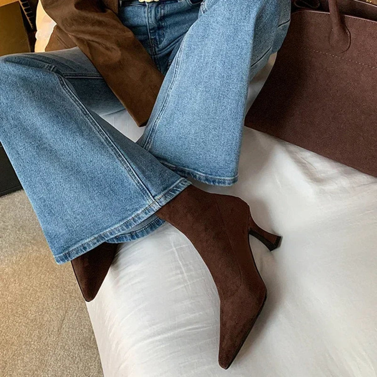 Ella | Women's Pointed Toe Sock Ankle Boots Kitten Heel Pull-On