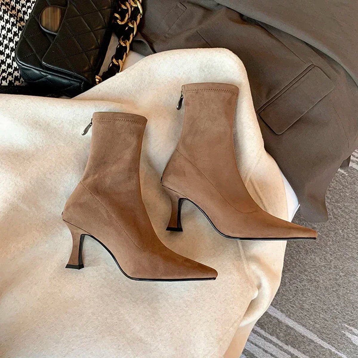 Ella | Women's Pointed Toe Sock Ankle Boots Kitten Heel Pull-On