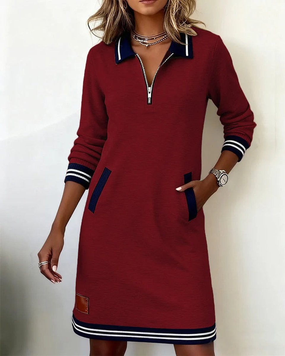 Ella | Women's Polo Zip-Neck Long Sleeve Dress Striped Trim Side Pockets