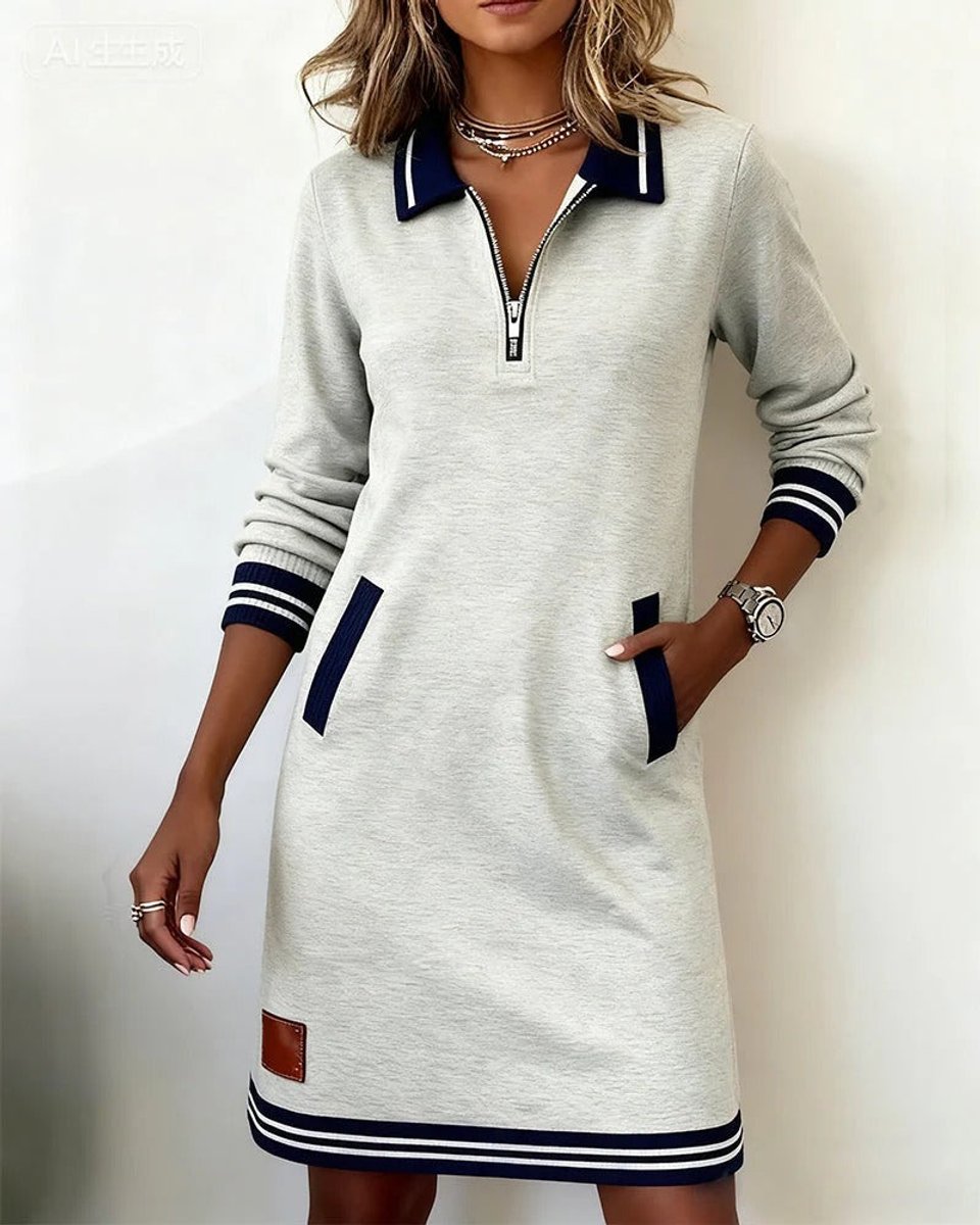 Ella | Women's Polo Zip-Neck Long Sleeve Dress Striped Trim Side Pockets