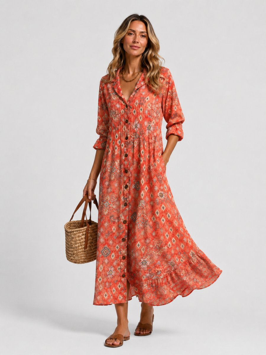 Emily | Women's Printed Maxi Shirt Dress Relaxed Flowing Button-Front