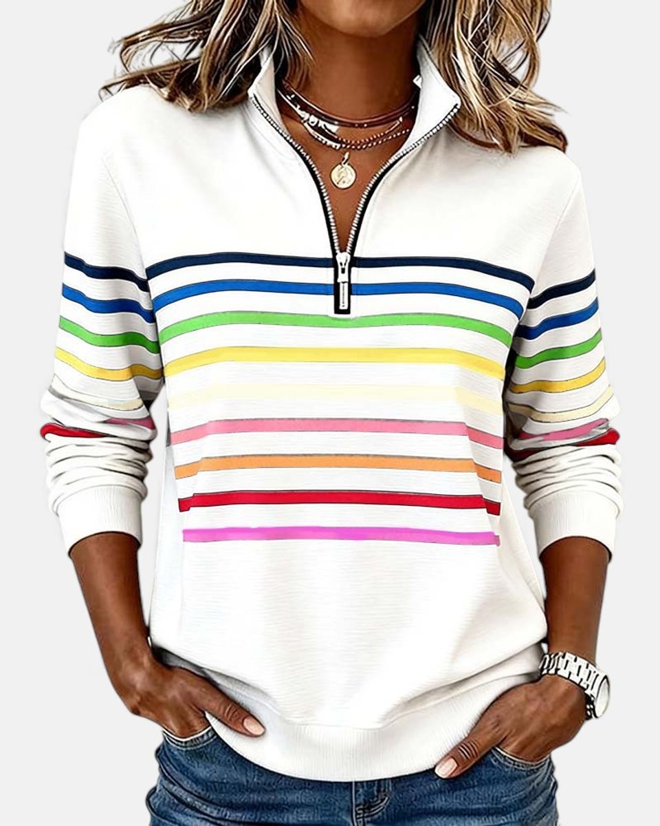 Rosie | Women's Quarter Zip Jumper Striped Rainbow Relaxed Fit