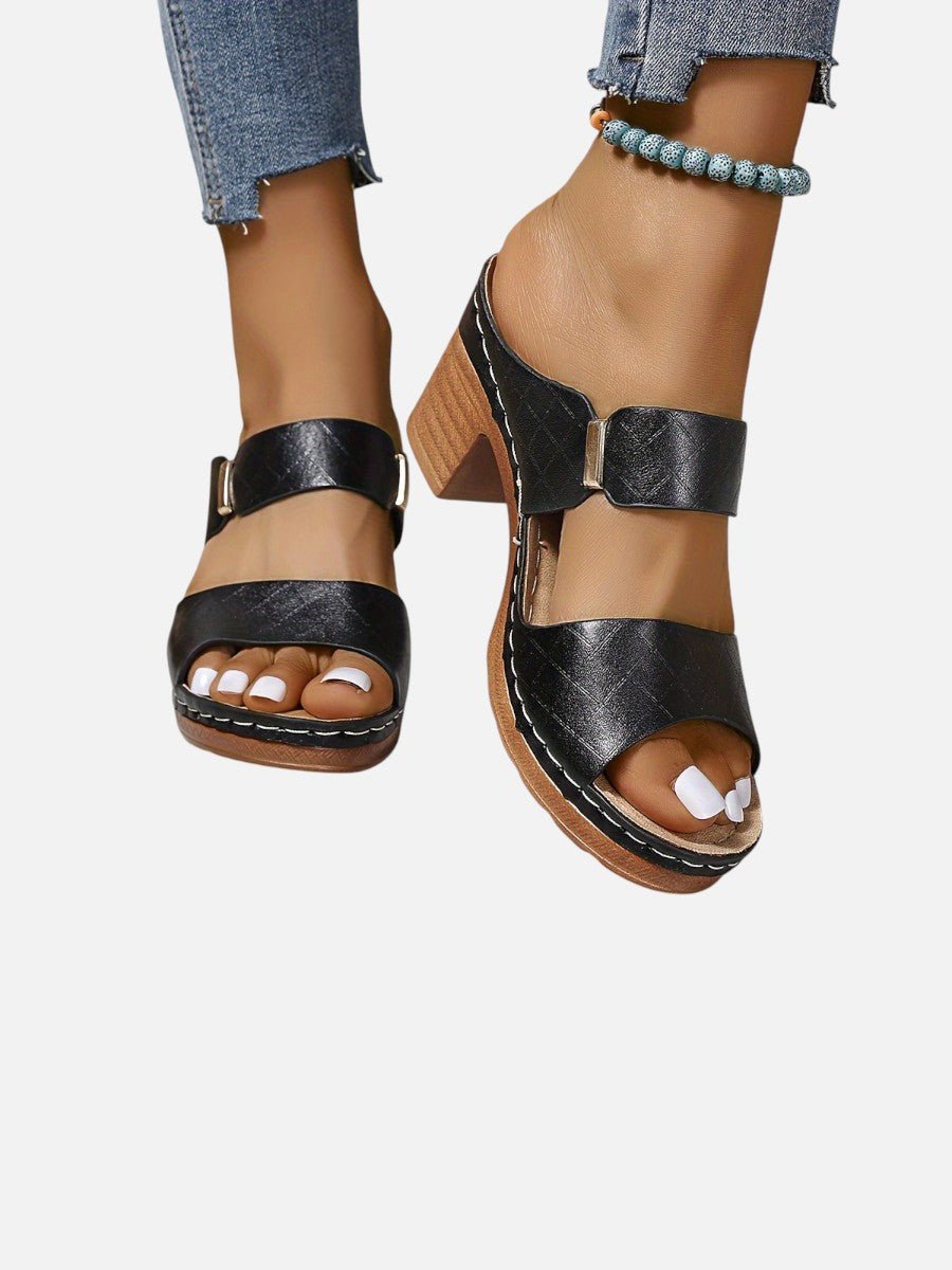 Sophie | Women's Quilted Faux Leather Block Heel Open Toe Mule Sandals