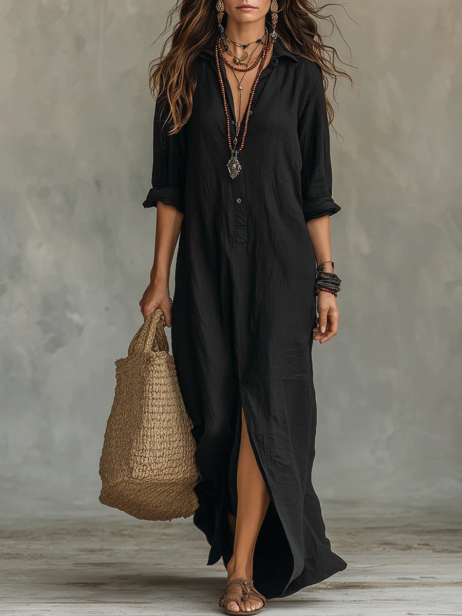 Willow | Women's Relaxed-Fit Button-Up Long Sleeve Maxi Shirt Dress