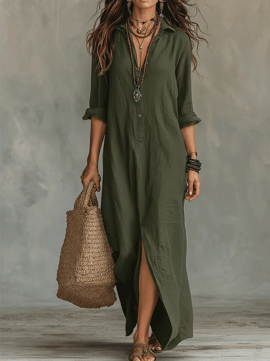 Willow | Women's Relaxed-Fit Button-Up Long Sleeve Maxi Shirt Dress