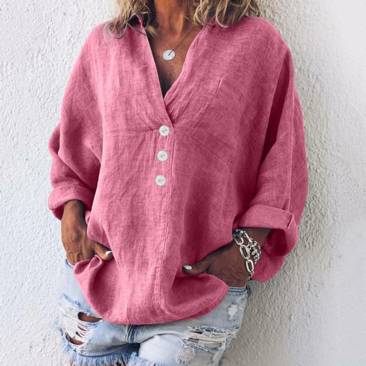 Scarlett | Women's Relaxed-Fit Cotton Linen Button-Up Sweater Shirt