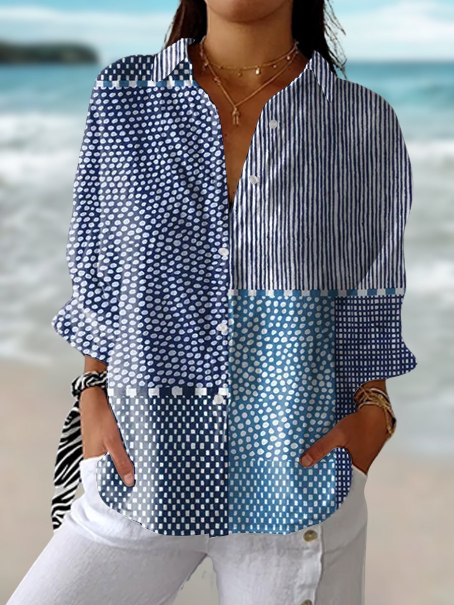 Florence | Women's Relaxed-Fit Patchwork Print Long-Sleeve Button-Up Blouse