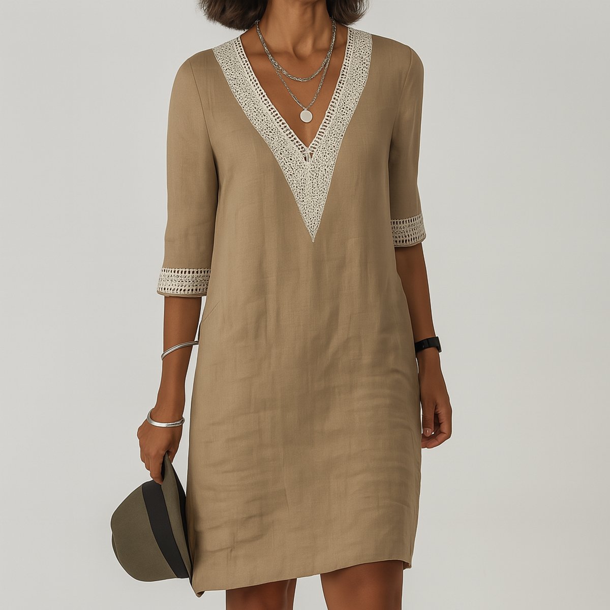 Ivy | Women's Relaxed-Fit V-Neck Crochet-Trim Long Sleeve Dress