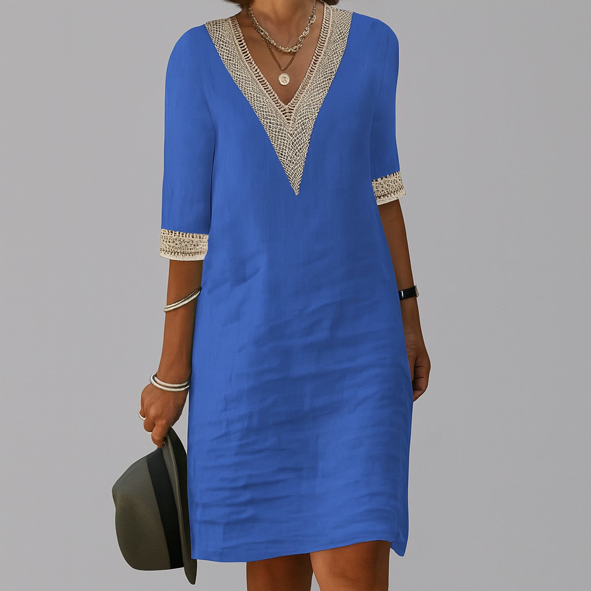 Ivy | Women's Relaxed-Fit V-Neck Crochet-Trim Long Sleeve Dress