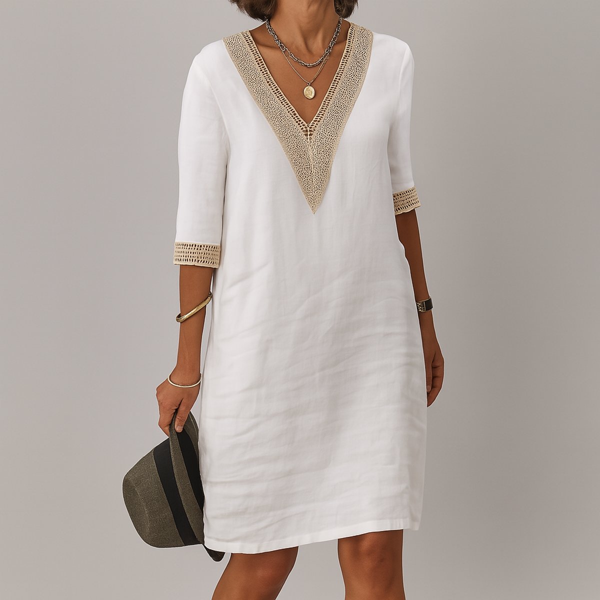 Ivy | Women's Relaxed-Fit V-Neck Crochet-Trim Long Sleeve Dress