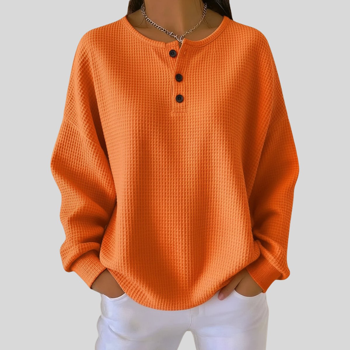 Isla | Women's Relaxed Waffle Knit Sweater Henley Long Sleeve Top