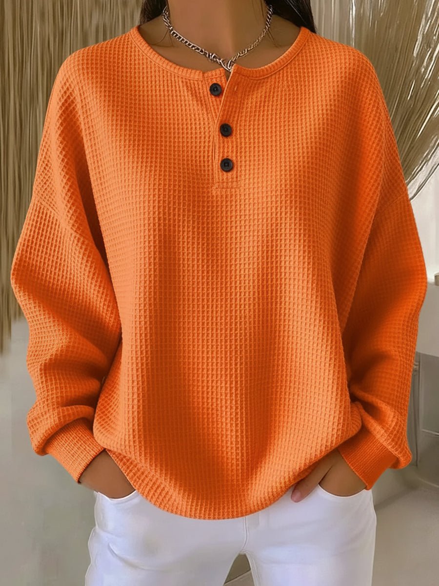 Isla | Women's Relaxed Waffle Knit Sweater Henley Long Sleeve Top