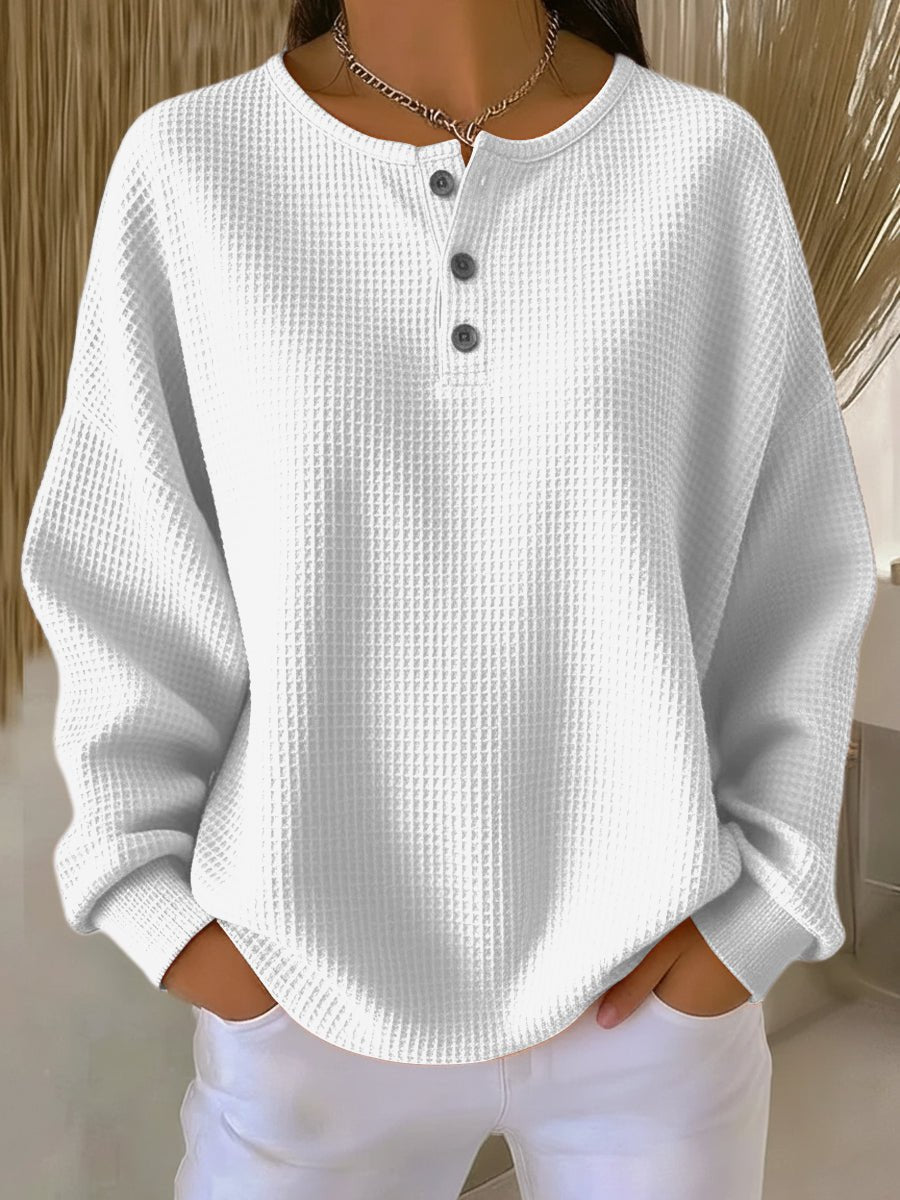 Isla | Women's Relaxed Waffle Knit Sweater Henley Long Sleeve Top